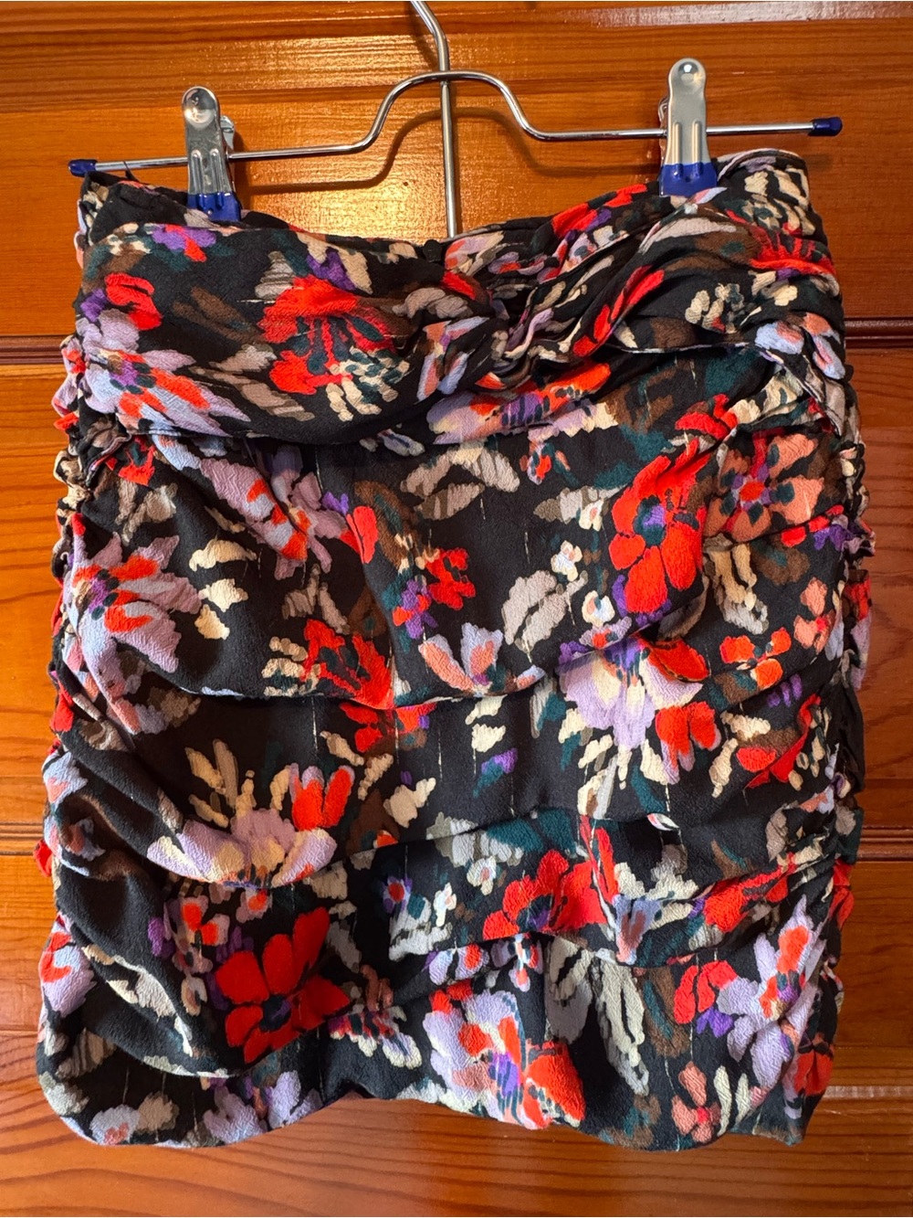 ZARA Floral Ruffle Mini Skirt - Black with Red & Lavender Floral